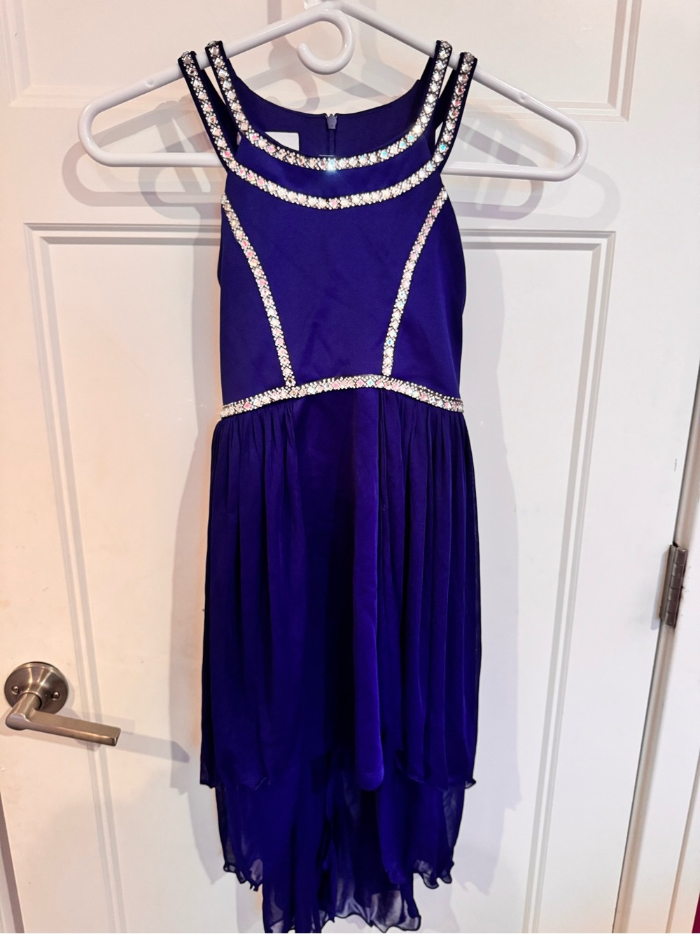 Girls Blue High-Low Party Dress with Rhinestone Trim